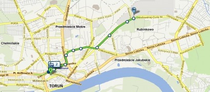 mapka obrazująca drogę do Biura z centrum Torunia - trasa linii tramwajowej nr 2 z oznaczonymi punktami przystanków
